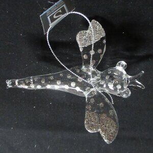Clear Glass Silver Glitter Dragonfly Hanging Ornament